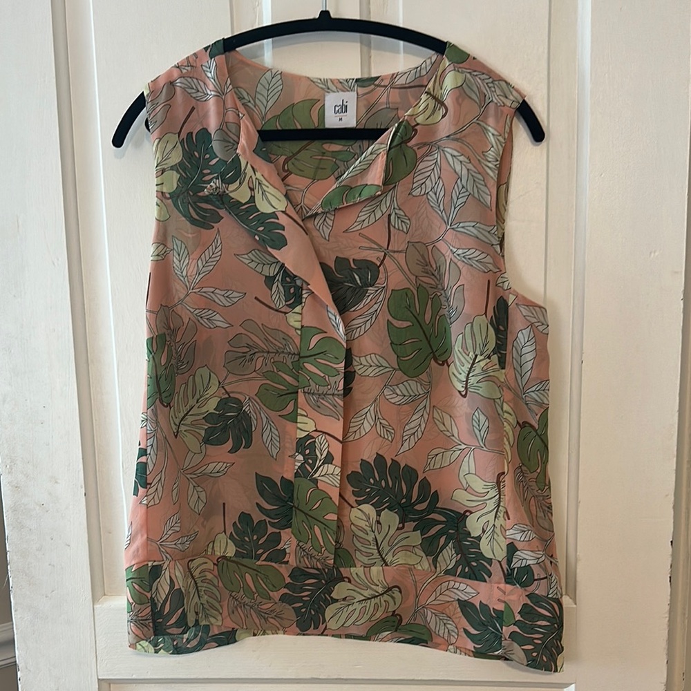 CAbi Women's Pink and Green Leaf Print Top